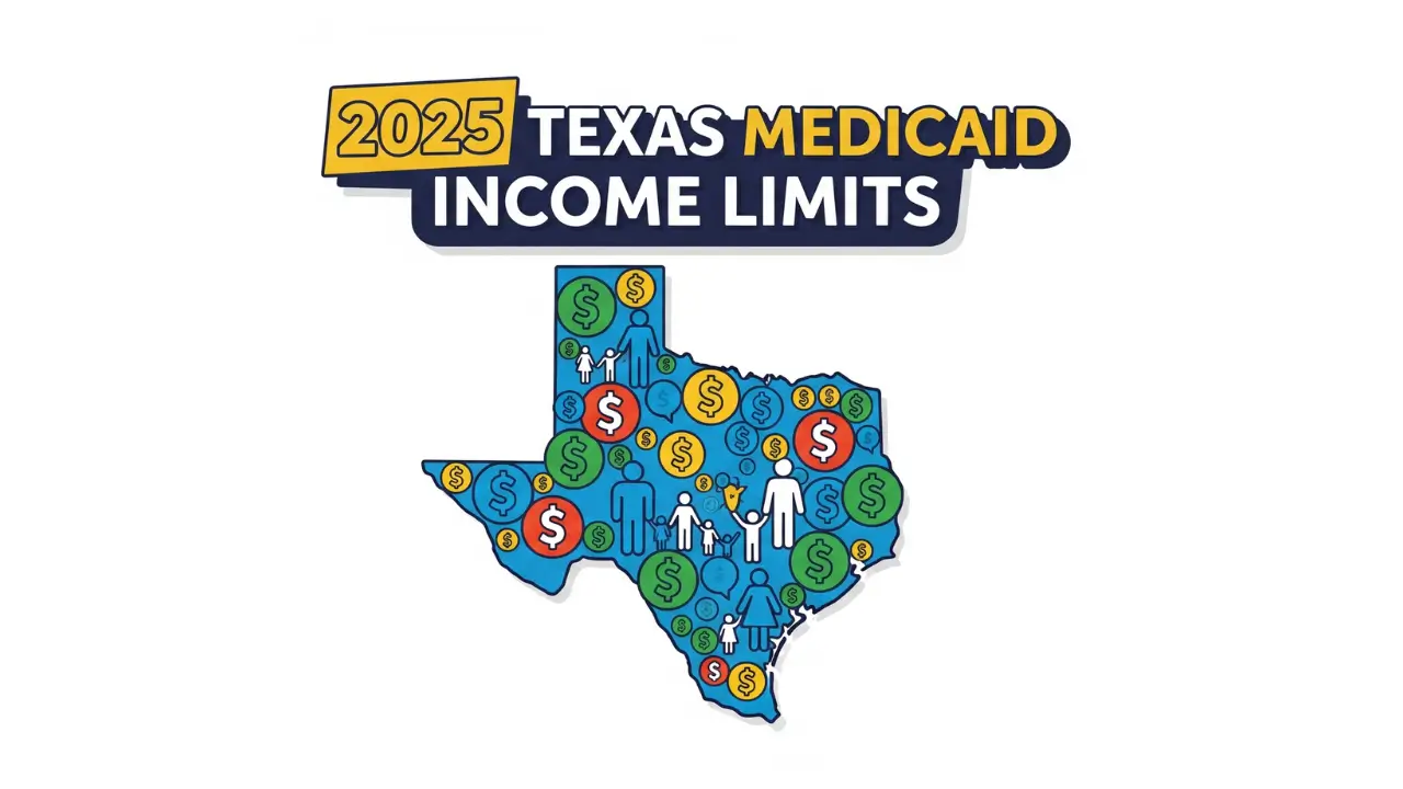 2025 Texas Medicaid income limits infographic with Texas map and dollar icons