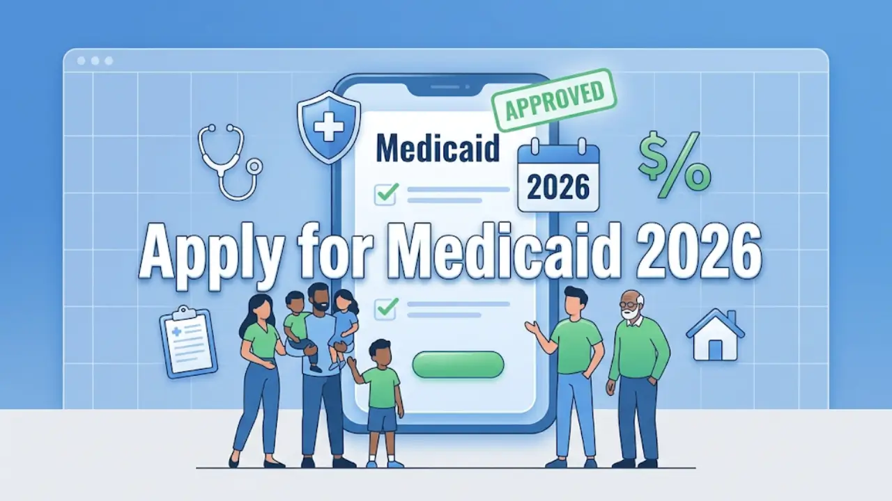Animated vector illustration showing people applying for Medicaid in 2026 through a smartphone‑style application portal with checkmarks, a green approval stamp, and health and insurance icons.