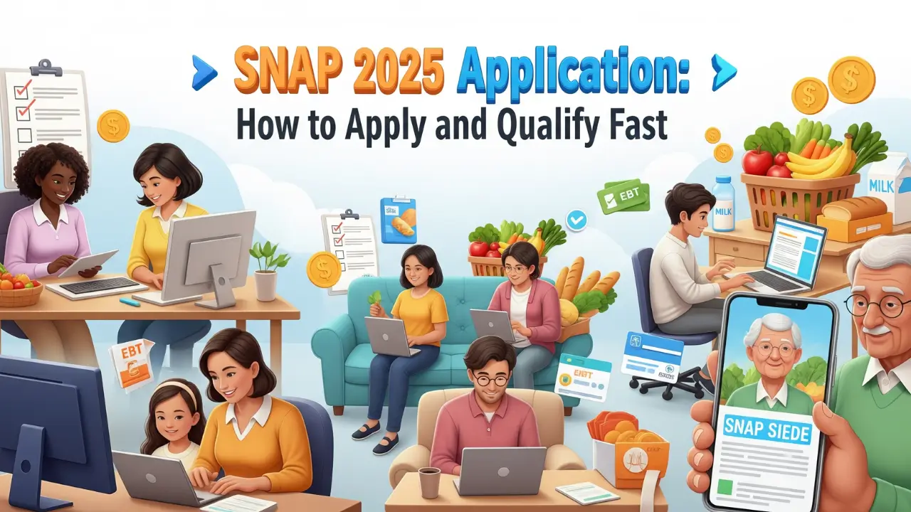 Diverse families and individuals applying for SNAP benefits online in 2025 with grocery icons and EBT card