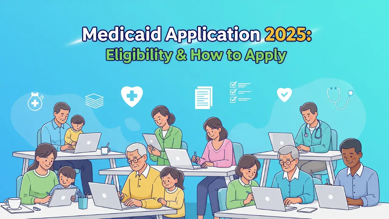 Diverse people applying for Medicaid online in 2025 with healthcare icons and documents