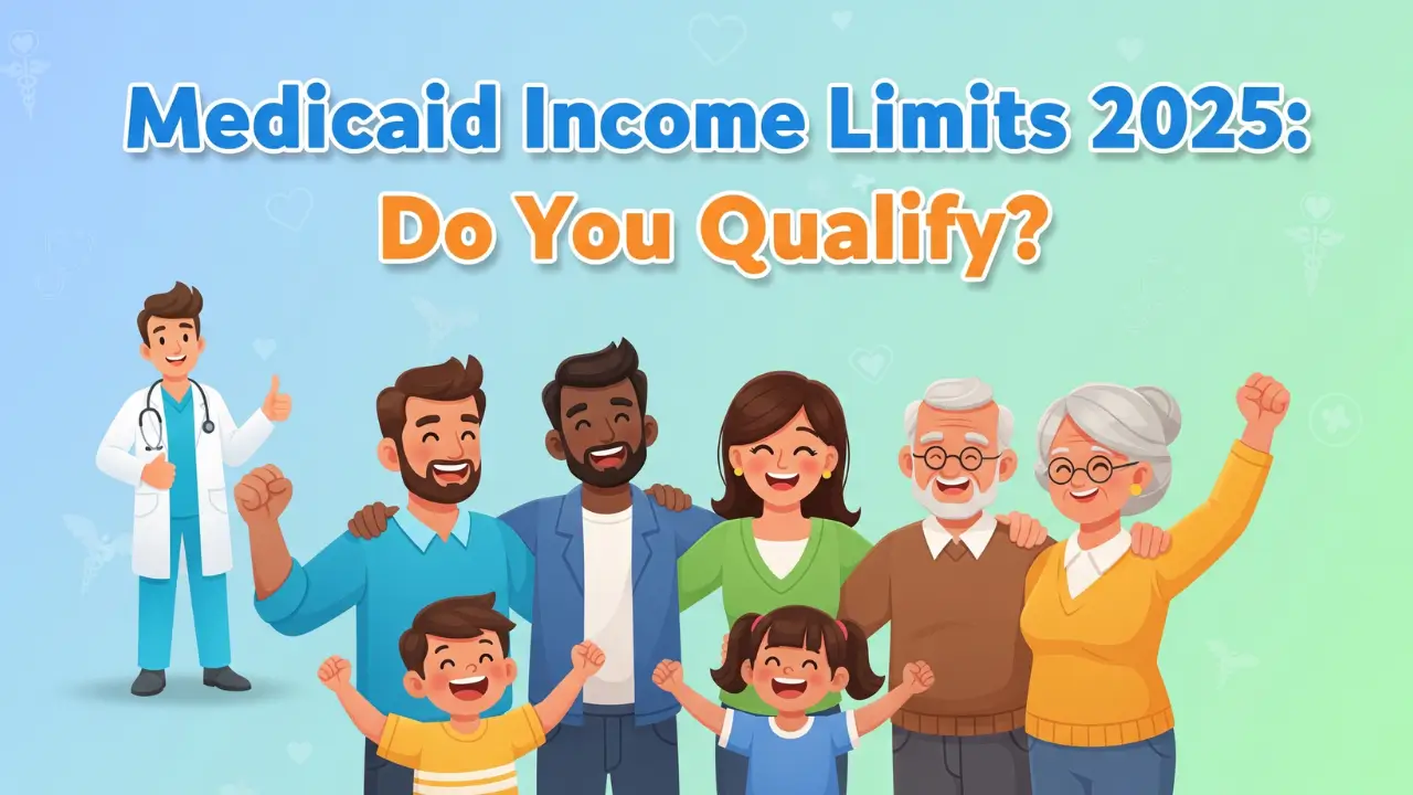 Colorful animated illustration of a diverse happy family with a doctor, featuring the title 'Medicaid Income Limits 2025: Do You Qualify?