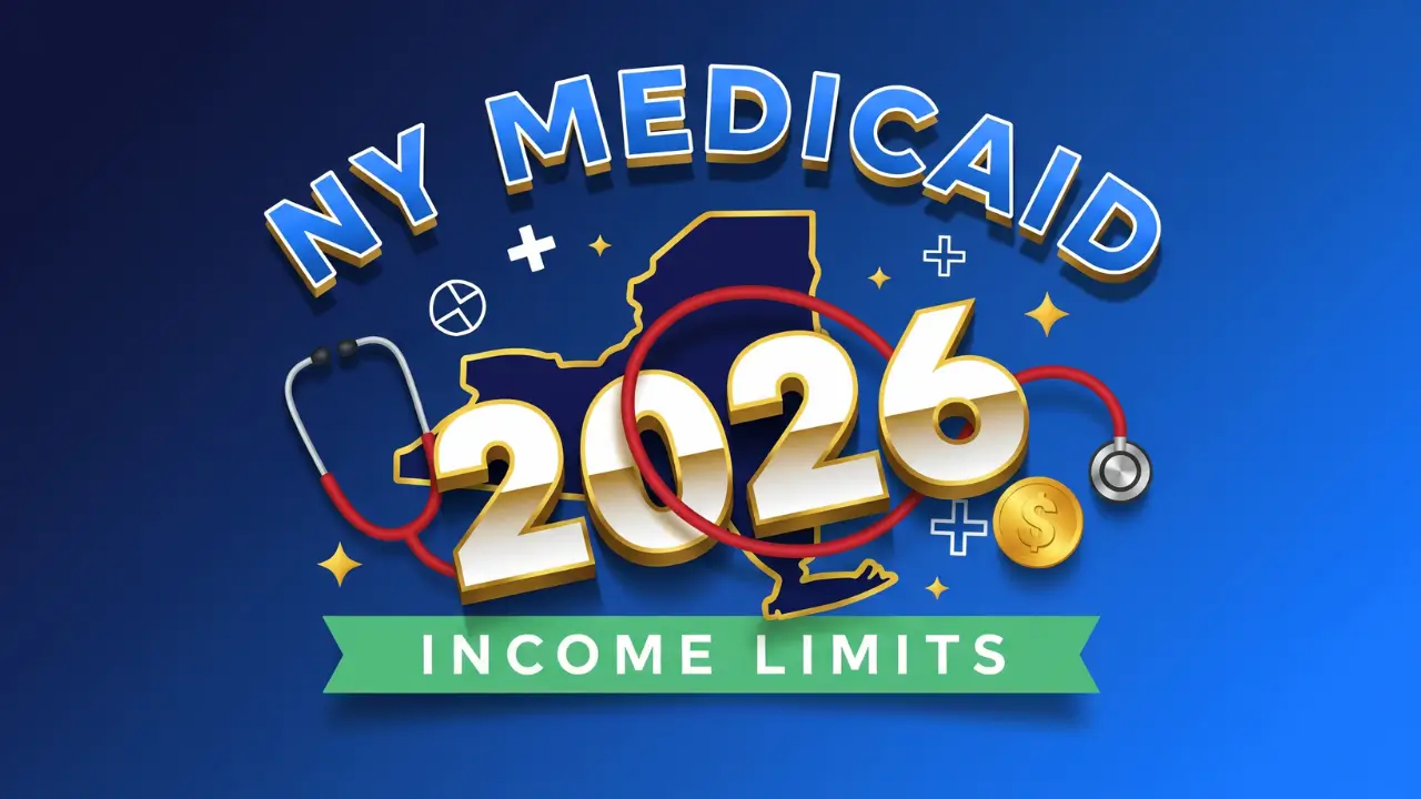 2026 New York Medicaid Income Limits vector graphic showing $1,835 monthly eligibility threshold in cinematic movie poster style with NYC medical symbols
