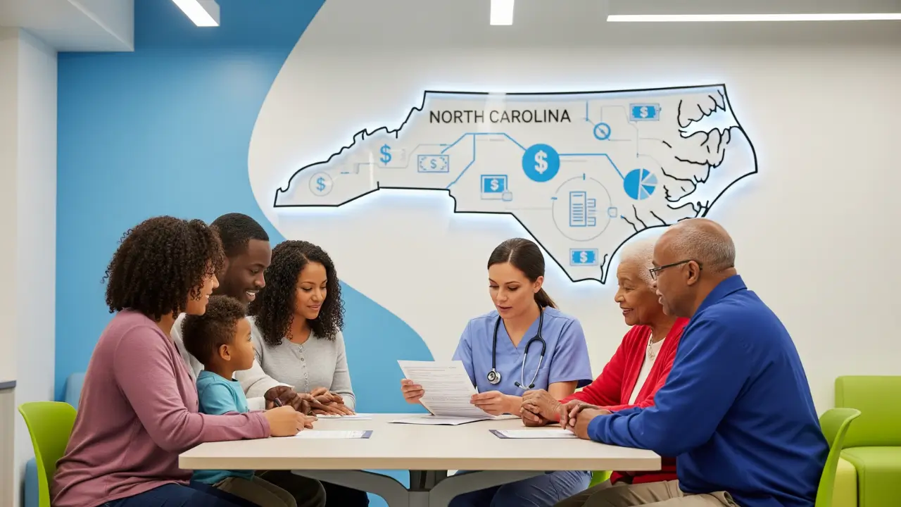 Diverse North Carolina residents meeting with a healthcare worker to review 2025 Medicaid income limits and eligibility requirements.