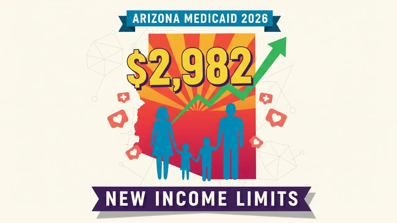 Arizona AHCCCS Medicaid income limits 2026 showing $2,982 monthly limit for individuals with family illustration and state outline