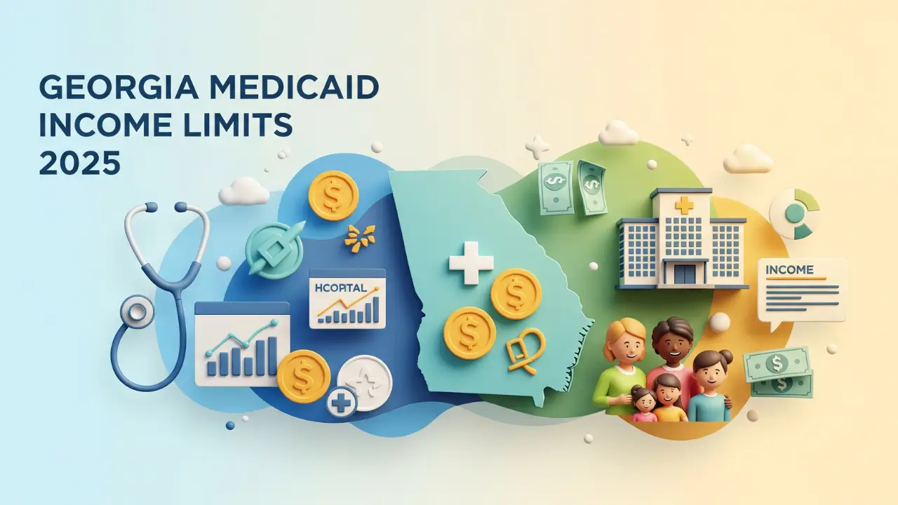 Illustration of Georgia state map with families, healthcare icons, and dollar symbols representing Georgia Medicaid Income Limits 2025, in colorful modern design.