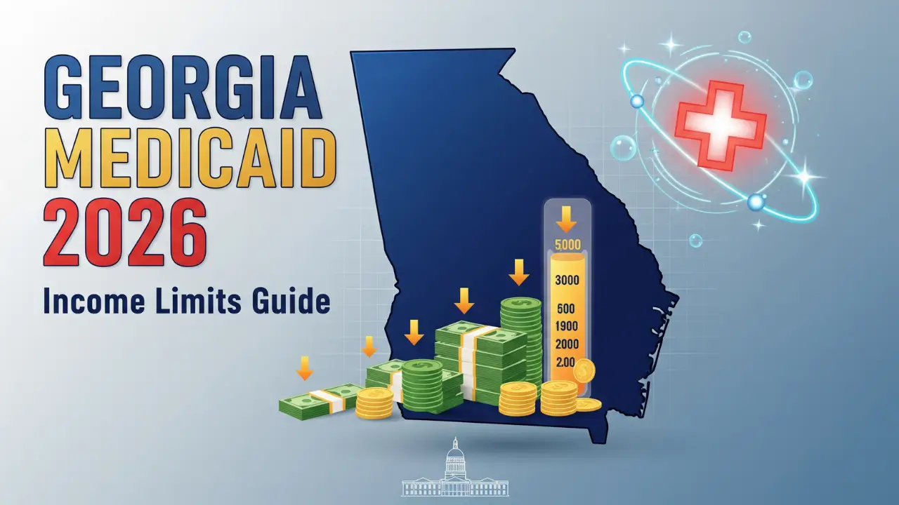 Georgia Medicaid income limits 2026 illustrated guide showing eligibility thresholds with state map, dollar symbols, and medical cross for families, children, seniors, and adults
