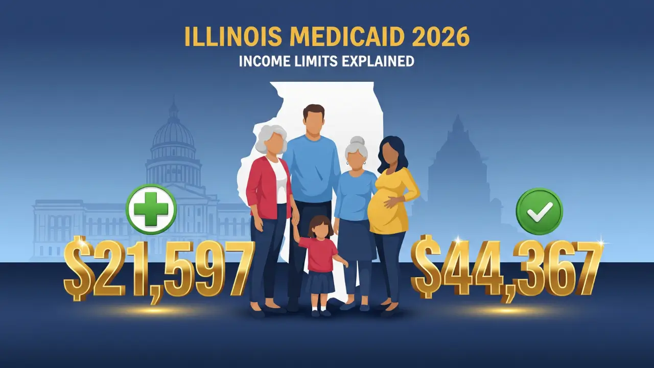 Illinois Medicaid income limits 2026 infographic showing family eligibility amounts $21,597 for singles and $44,367 for families of four with state map
