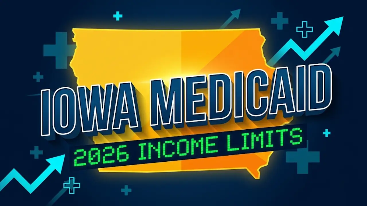 Cinematic vector graphic featuring an Iowa state map and bold 2026 Medicaid Income Limits text, illustrating the new eligibility updates for families and adults.