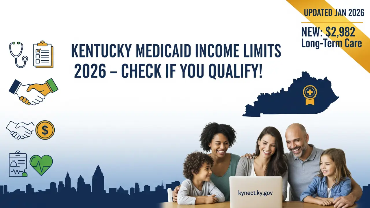 Kentucky Medicaid income limits 2026 eligibility guide showing family checking qualification on laptop with state map