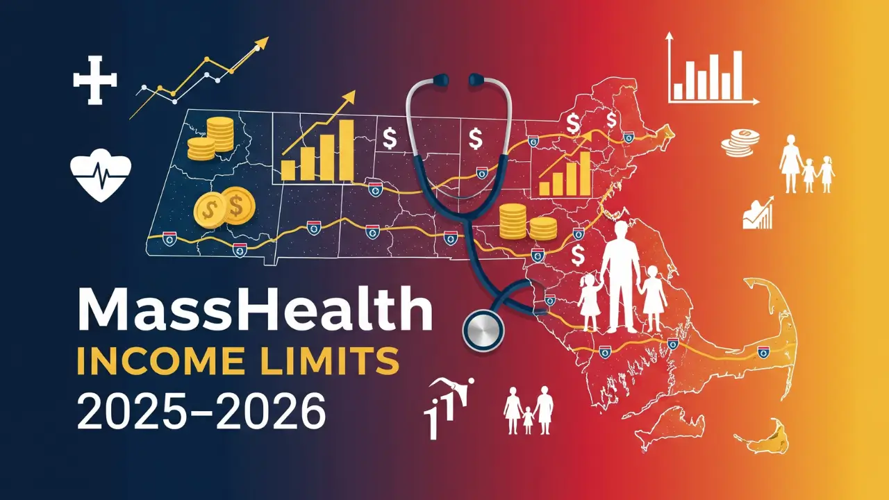 Colorful infographic showing Massachusetts map with healthcare and income icons, and text MassHealth Income Limits 2025–2026.