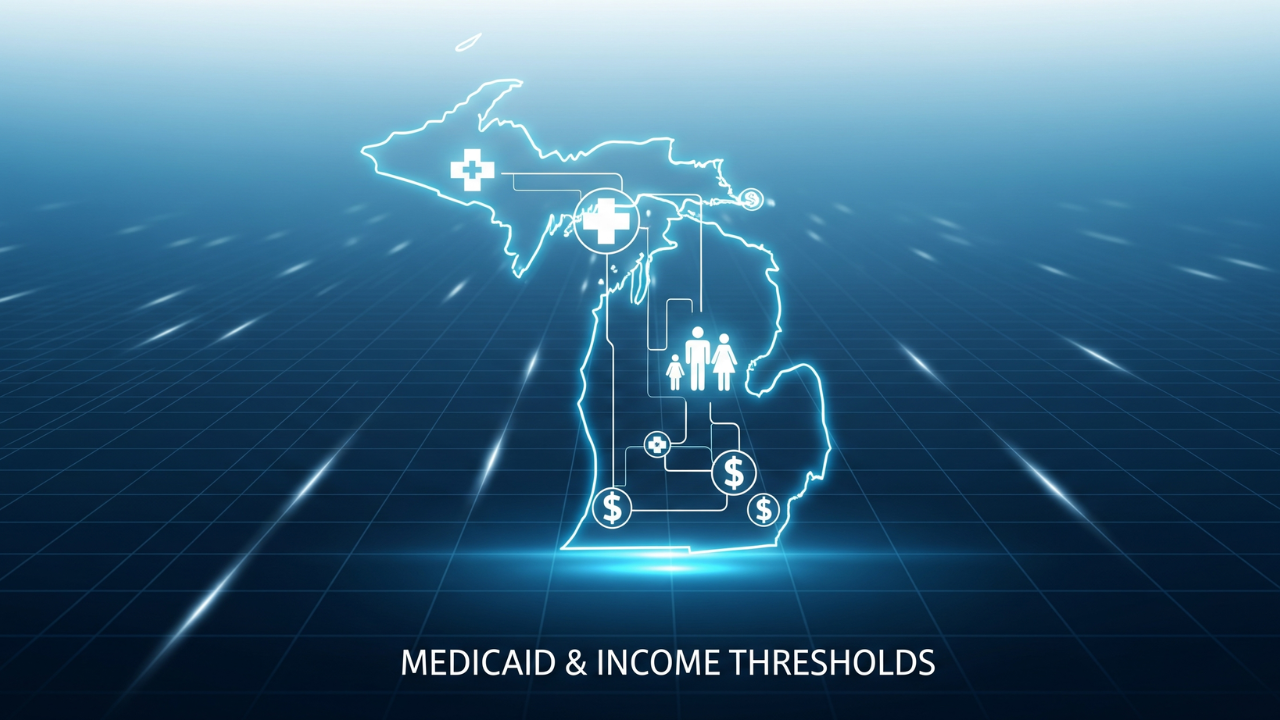 Infographic showing Michigan state outline with icons representing 2025 Medicaid income limits and eligibility details.