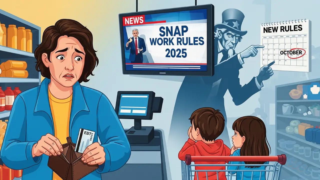 Family faces tougher SNAP work requirements during 2025 food stamp changes, with worried parents and kids at grocery store.
