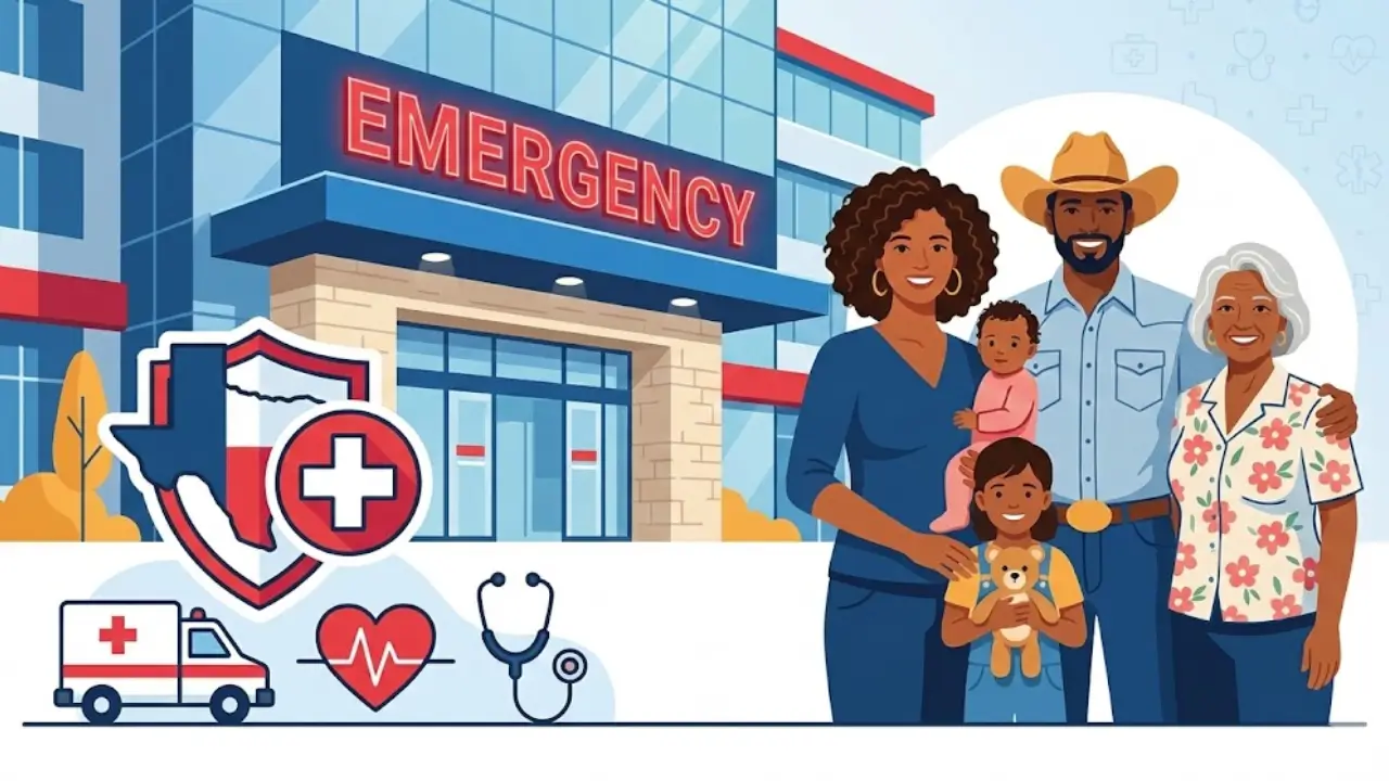 Texas Emergency Medicaid coverage showing diverse family at hospital emergency room entrance with medical shield and cross symbol representing life-saving emergency healthcare services