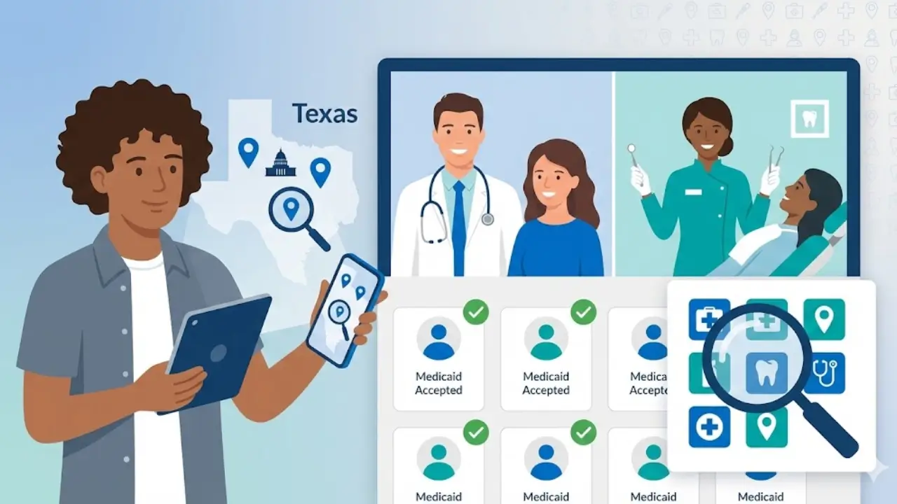 Texas resident searching for Medicaid providers on digital device with map showing doctors and dentists locations accepting Medicaid insurance coverage
