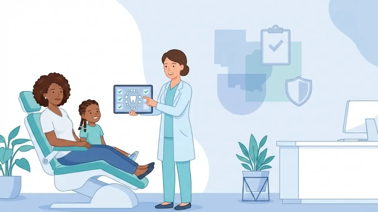 Illustration of a dentist with an adult and child reviewing Medicaid dental coverage information for 2025 in a modern clinic setting.