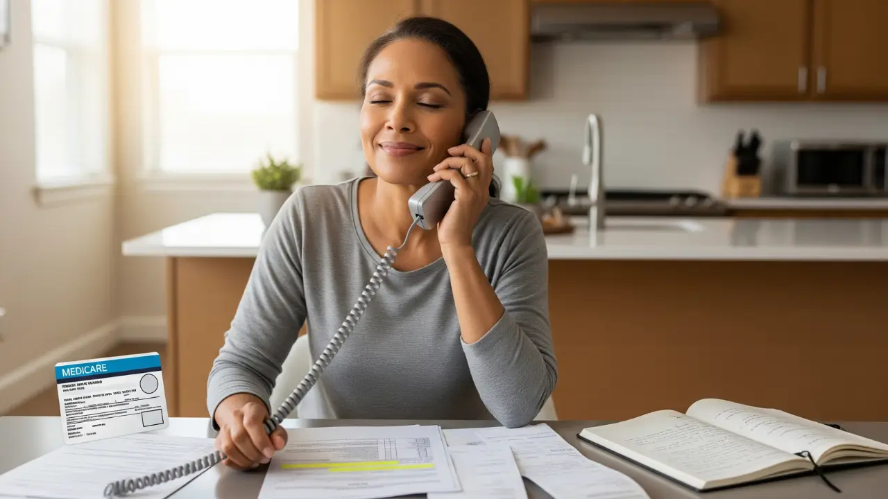 Senior woman calling Medicare hotline for help with healthcare coverage questions at home