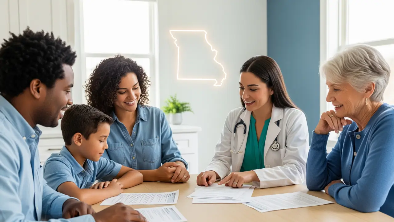 A Missouri family discusses their 2025 MO HealthNet Medicaid coverage options with a healthcare worker, symbolizing accessible health care for all residents.