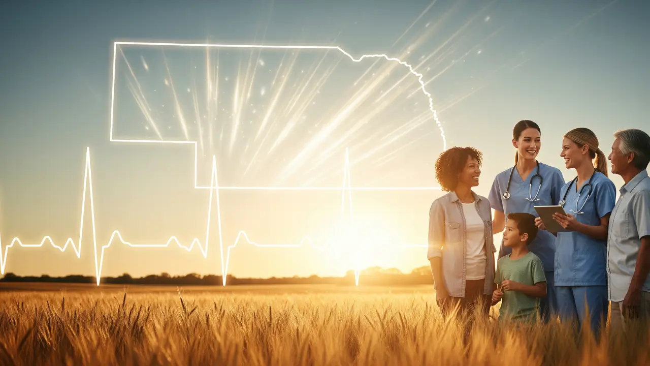 A diverse Nebraska family with a healthcare worker standing before a sunrise and state map, symbolizing access to Medicaid coverage and affordable care in 2025.