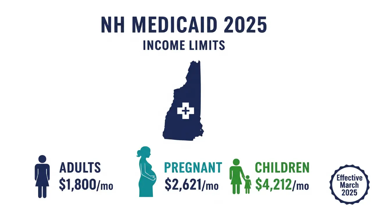 New Hampshire Medicaid income limits 2025 infographic showing eligibility thresholds for adults, pregnant women, and children with family silhouettes and income chart