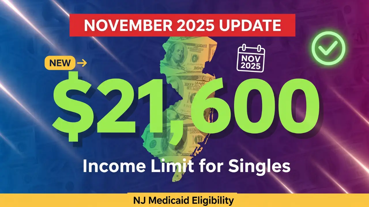 NJ Medicaid income limits November 2025 update showing $22,590 annual limit for single adults with New Jersey state outline and eligibility approval checkmark