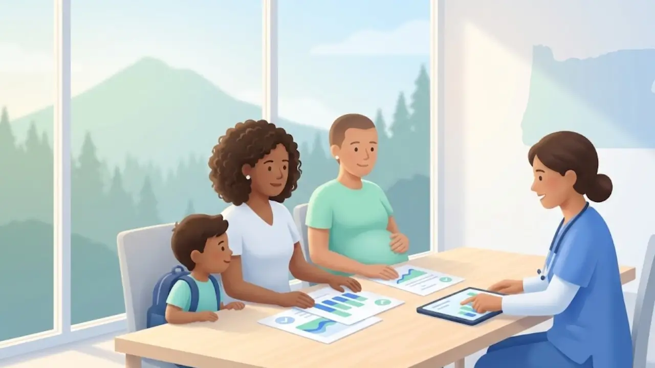 Illustration of an Oregon family discussing Medicaid income eligibility for 2025 with a healthcare worker in a modern office setting.