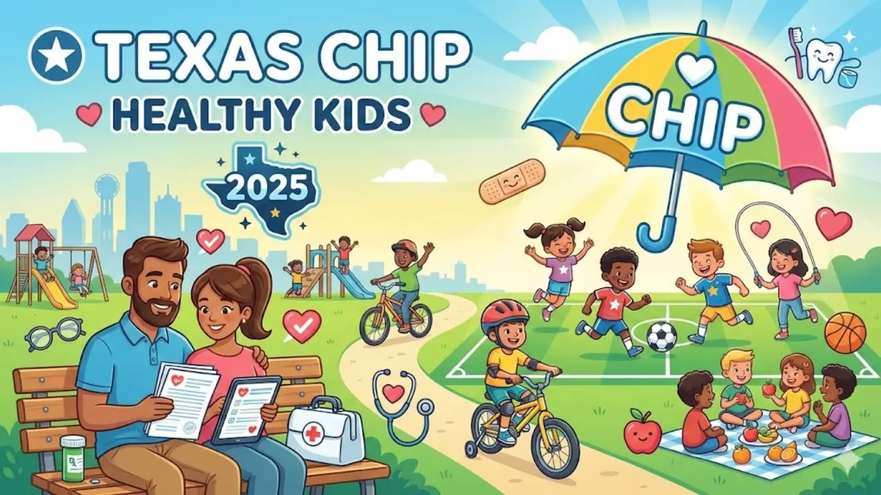 Happy diverse Texas children playing outdoors under CHIP healthcare coverage umbrella with parents reviewing application while kids enjoy healthy active lifestyle with medical care protection
