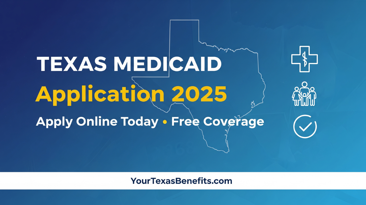 Texas Medicaid Application 2025 guide with apply online text and medical coverage icons on blue background