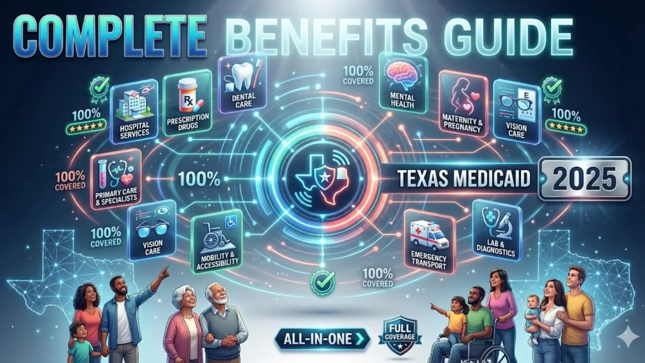 Comprehensive Texas Medicaid benefits guide showing diverse families with interconnected healthcare service icons including hospital dental prescription mental health and emergency coverage benefits for 2025