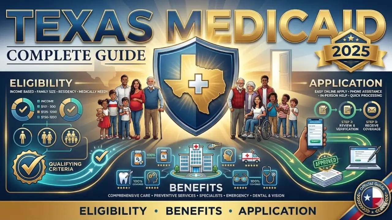 Diverse Texas families standing confidently under protective healthcare shield with complete Medicaid guide showing eligibility requirements benefits coverage and application process for 2025