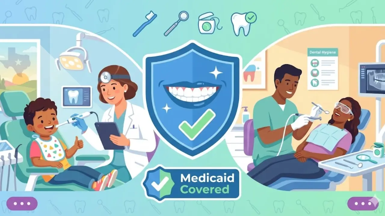 Texas Medicaid dental coverage showing diverse children and adults receiving dental care services including checkups cleanings and treatments with dentist in modern clinic