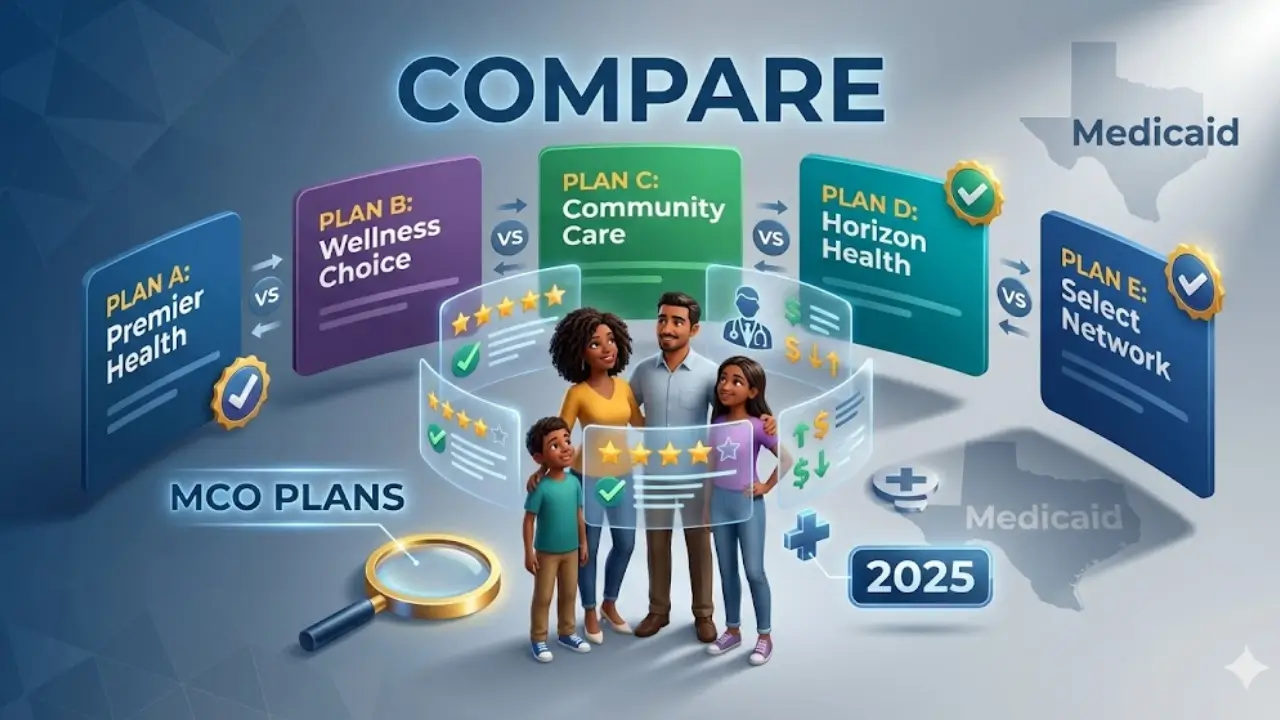 Texas family comparing Medicaid managed care MCO health plans on digital dashboard showing ratings coverage networks and benefits with bold comparison text overlay