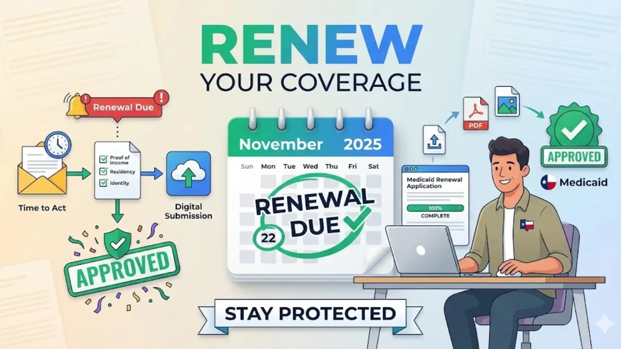 Texas resident completing Medicaid renewal application online at desk with calendar showing renewal deadline and approved checkmark celebrating continued healthcare coverage