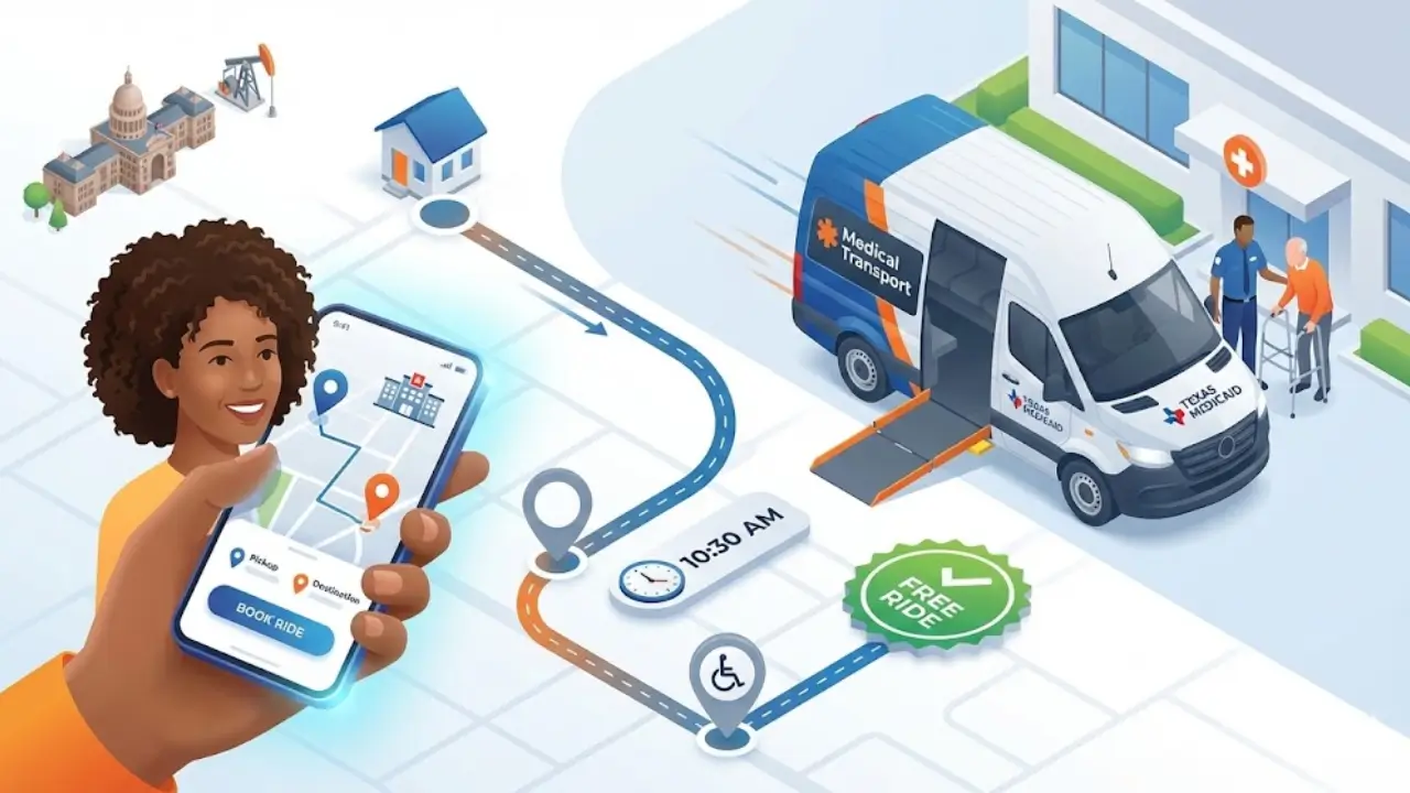 Texas Medicaid patient booking free medical transportation ride on smartphone app showing accessible van with wheelchair ramp arriving at healthcare facility for doctor appointment