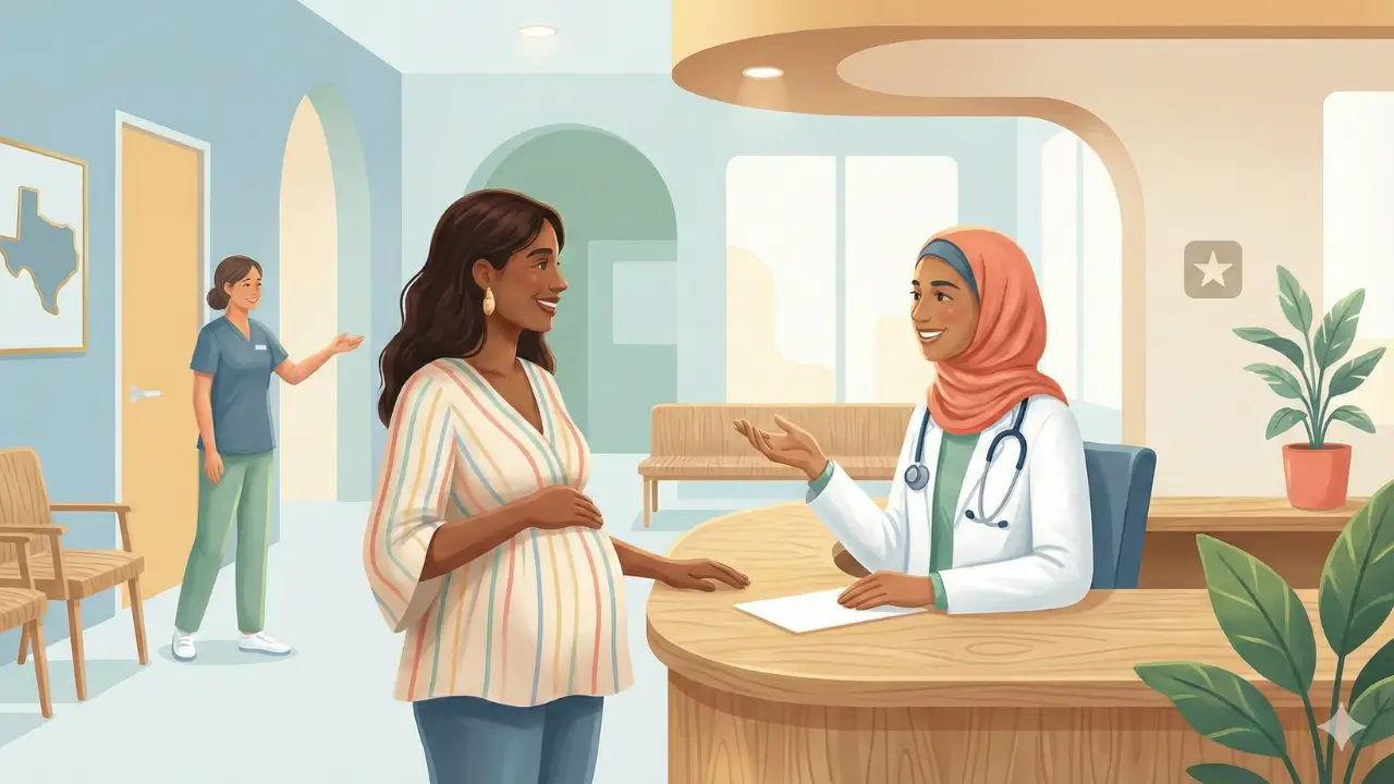 Pregnant woman receiving prenatal care from a doctor in Texas, modern illustration representing Medicaid pregnancy benefits.
