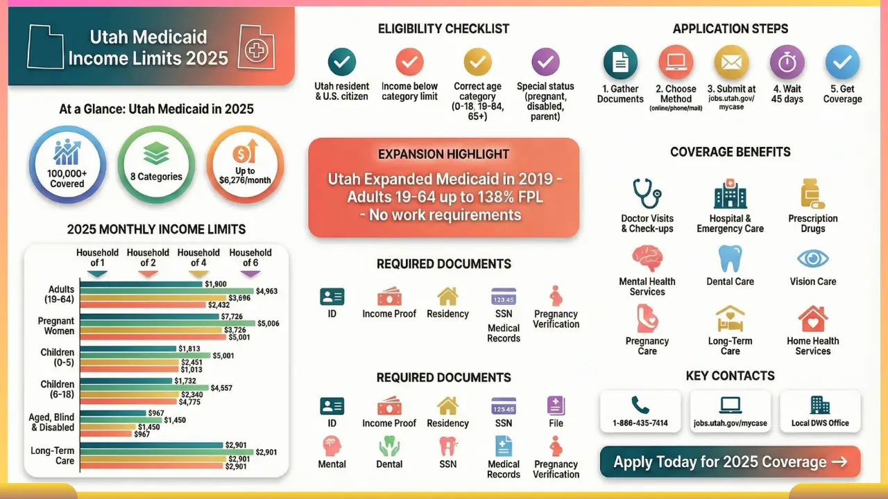 2025 Utah Medicaid income limits infographic displaying monthly eligibility by household size for adults, pregnant women, children, disabled persons, and long-term care recipients. Shows application process, required documents, coverage benefits including doctor visits, hospital care, prescriptions, and mental health services. Contact: jobs.utah.gov/mycase or 1-866-435-7414.