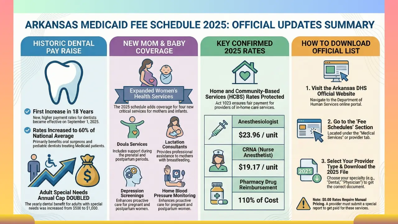Infographic summarizing the Arkansas Medicaid Fee Schedule 2025 updates. Panel 1 details the historic dental pay raise, the first in 18 years, doubling the adult special needs cap to $1,000. Panel 2 shows new coverage for Doulas, lactation consultants, and depression screening. Panel 3 lists key 2025 rates for Anesthesiologists ($23.96 base), CRNAs ($19.17 base), and pharmacy reimbursement (110% of cost). Panel 4 provides a 3-step flowchart on how to download the official fee schedule list from the Arkansas DHS website provider section.