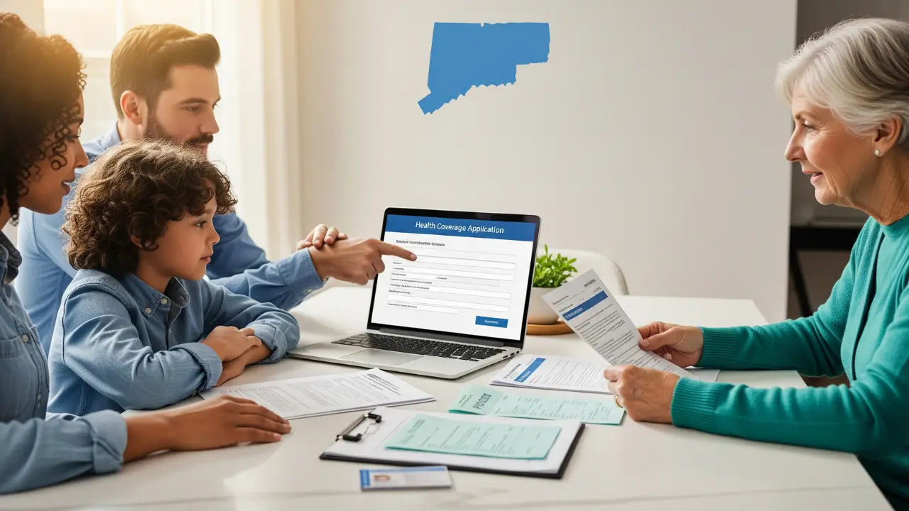 Family applying for Medicaid in Connecticut through HUSKY Health with documents and laptop