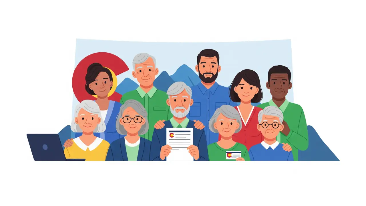 Illustration showing families and individuals in Colorado accessing Medicaid healthcare coverage through a simple application process