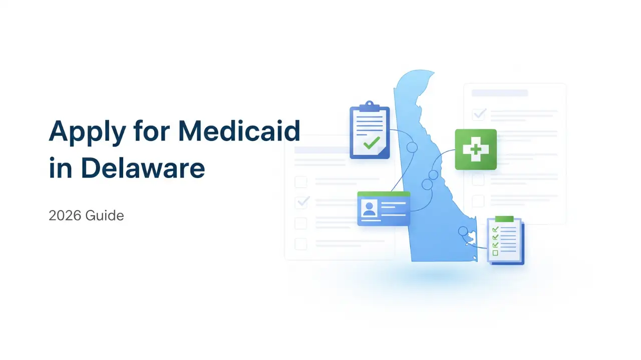 Featured image showing a Delaware map with healthcare and application icons for applying for Medicaid in Delaware