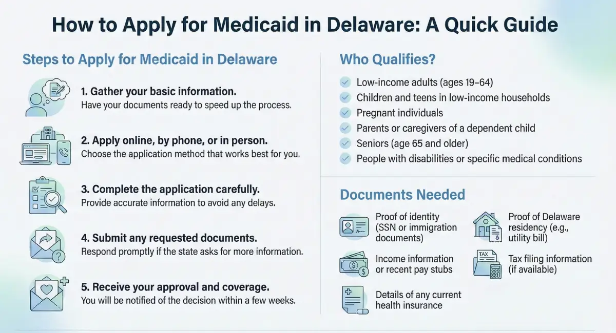 Infographic showing how to apply for Medicaid in Delaware with steps, eligibility requirements, and required documents
