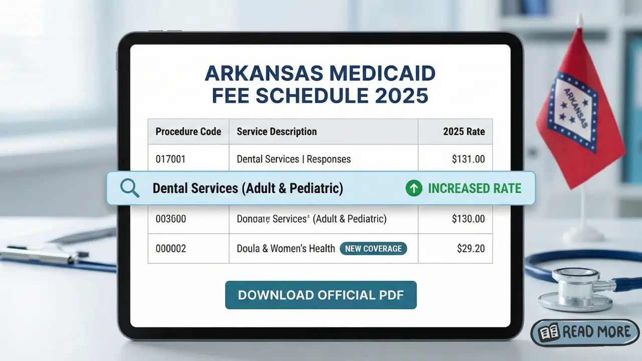 Tablet screen displaying the official Arkansas Medicaid Fee Schedule 2025 table. It highlights historic increased rates for Dental Services (adult and pediatric) and new coverage for Doula & Women's Health. A "Download Official PDF" button is visible underneath.