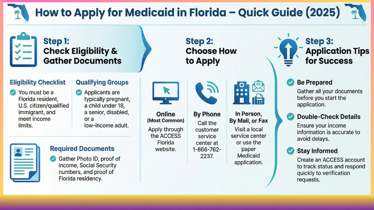 Infographic showing how to apply for Medicaid in Florida with eligibility requirements, required documents, application methods, and tips in a simple step-by-step layout.