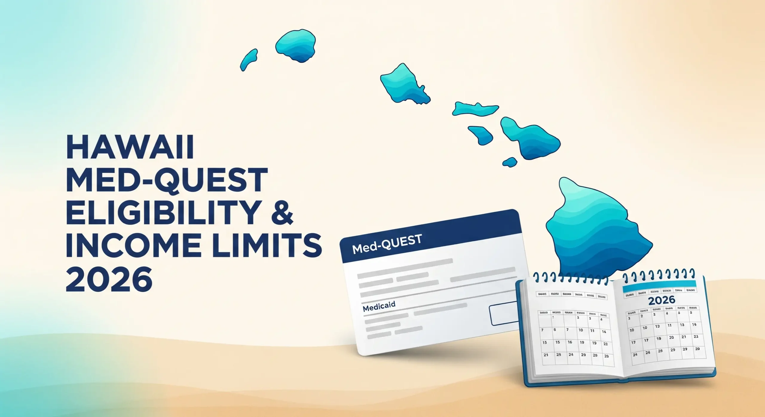 Infographic-style featured image showing a Hawaii map, Med-QUEST card, and 2026 calendar illustrating Hawaii Med-QUEST eligibility and income limits.