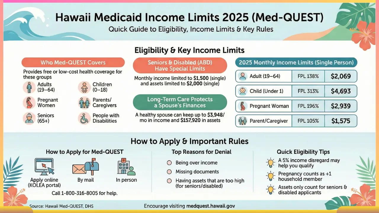 Infographic summarizing 2025 and 2026 Hawaii Medicaid (Med-QUEST) income limits, eligibility rules, child and adult income thresholds, senior/disabled asset limits, long-term care rules, and how to apply through KOLEA.
