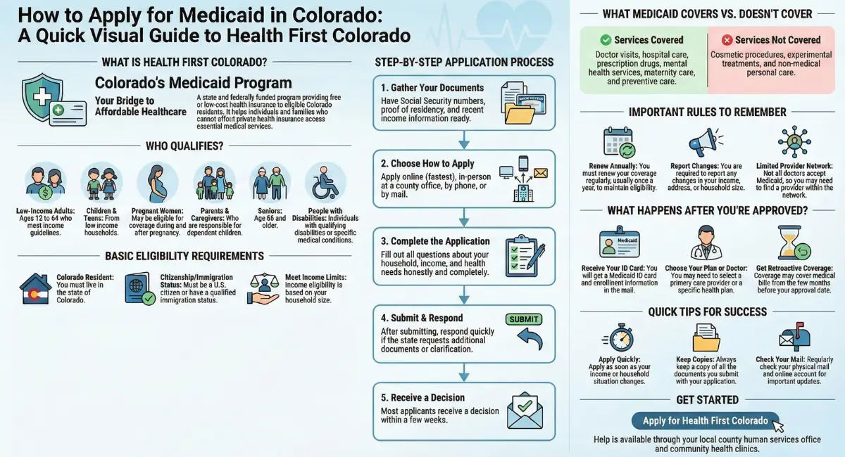 Infographic explaining how to apply for Medicaid in Colorado, including eligibility, application steps, and covered services

