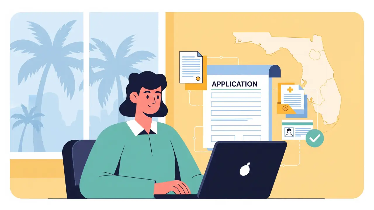 Person applying for Florida Medicaid online with documents and laptop