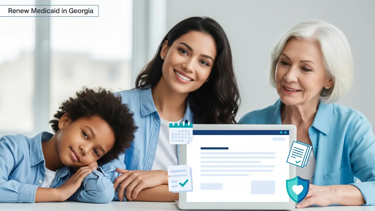 Featured image showing a Georgia family renewing Medicaid online with documents and a calendar, representing the annual Medicaid renewal process