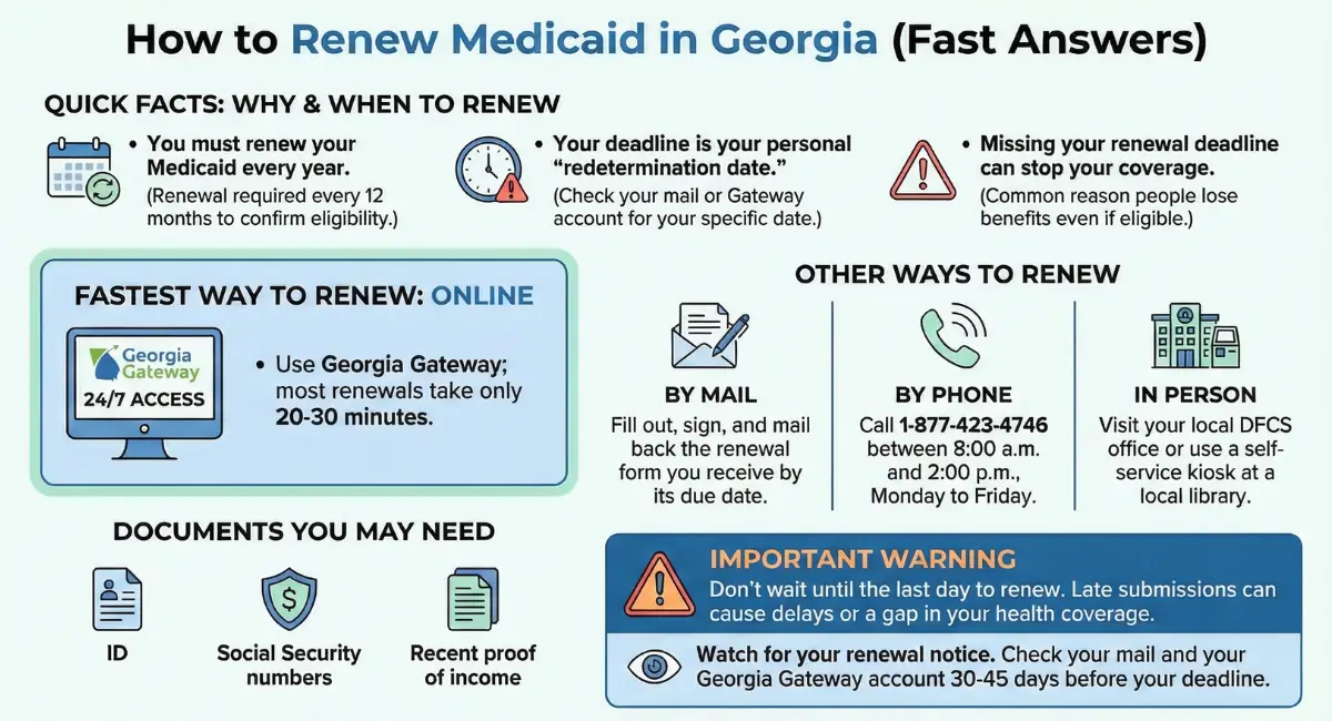 How to renew Medicaid in Georgia showing renewal deadline, fastest online option through Georgia Gateway, documents needed, and what happens if you miss renewal