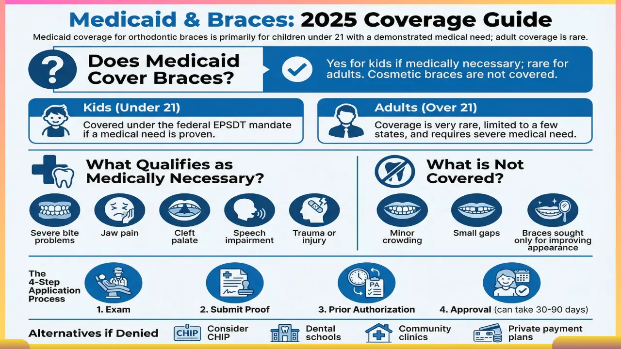 Infographic explaining Medicaid braces coverage in 2025, including eligibility by age, medical necessity rules, what’s not covered, and simple steps to apply.