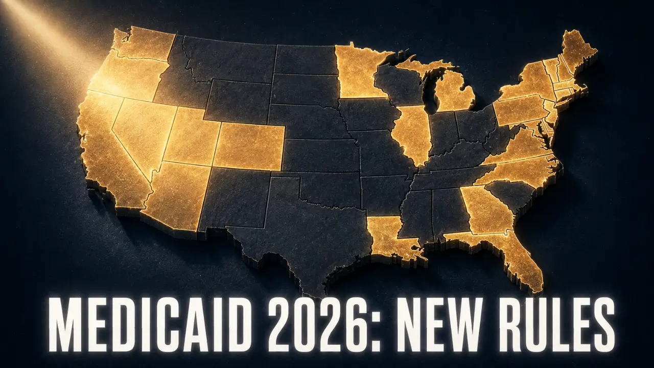 Glowing U.S. map illustrating state-by-state Medicaid eligibility differences in 2026